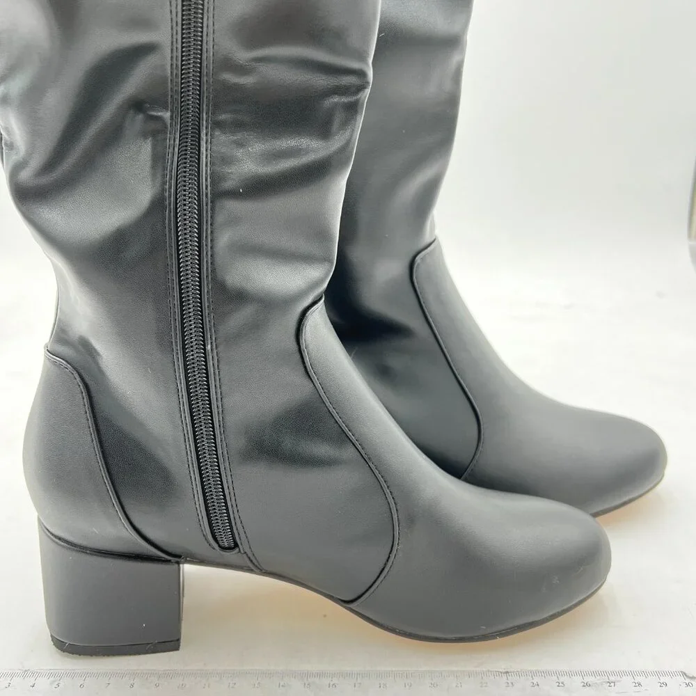 Black Women Pointed Toe Knee High Boot Chunky Heel Riding Boots Side Zipper Shoe